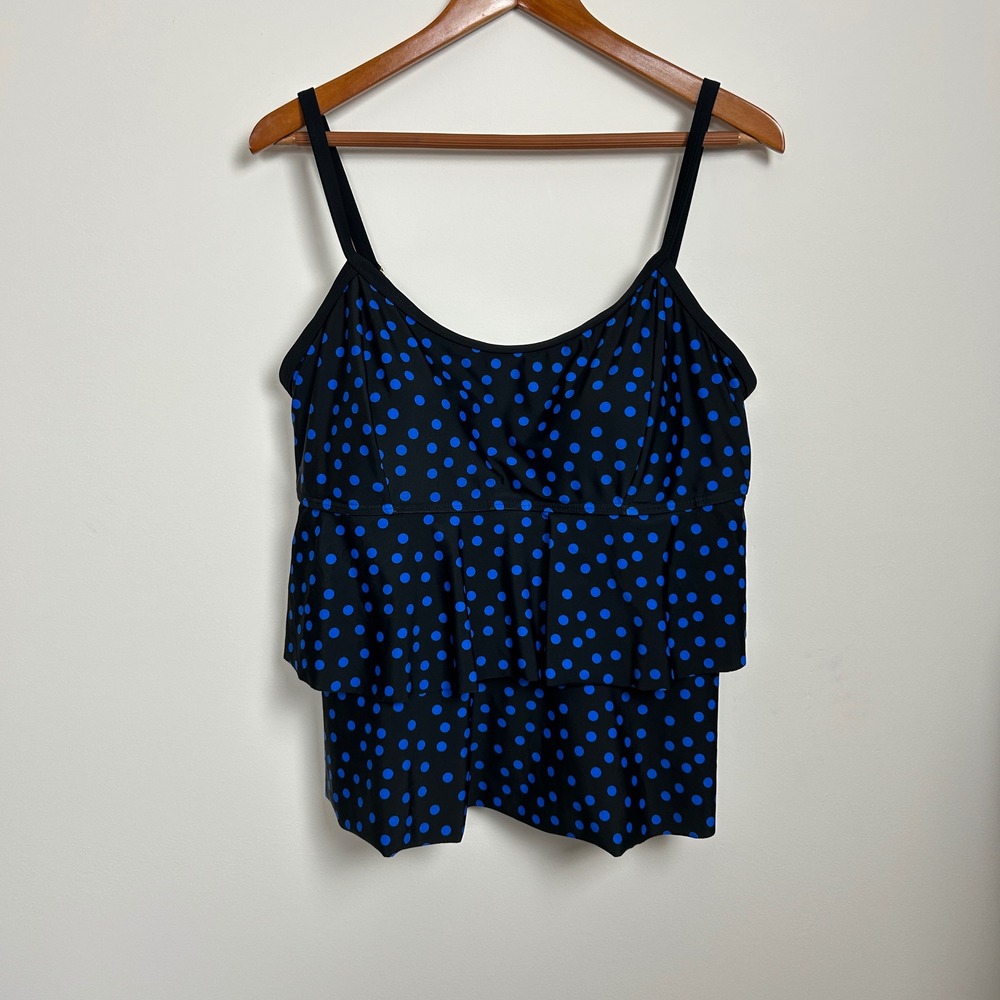 Swimsuits For All Tankini‎ Top Womens 18 Black Blue Polka Dot Tiered Ruffle